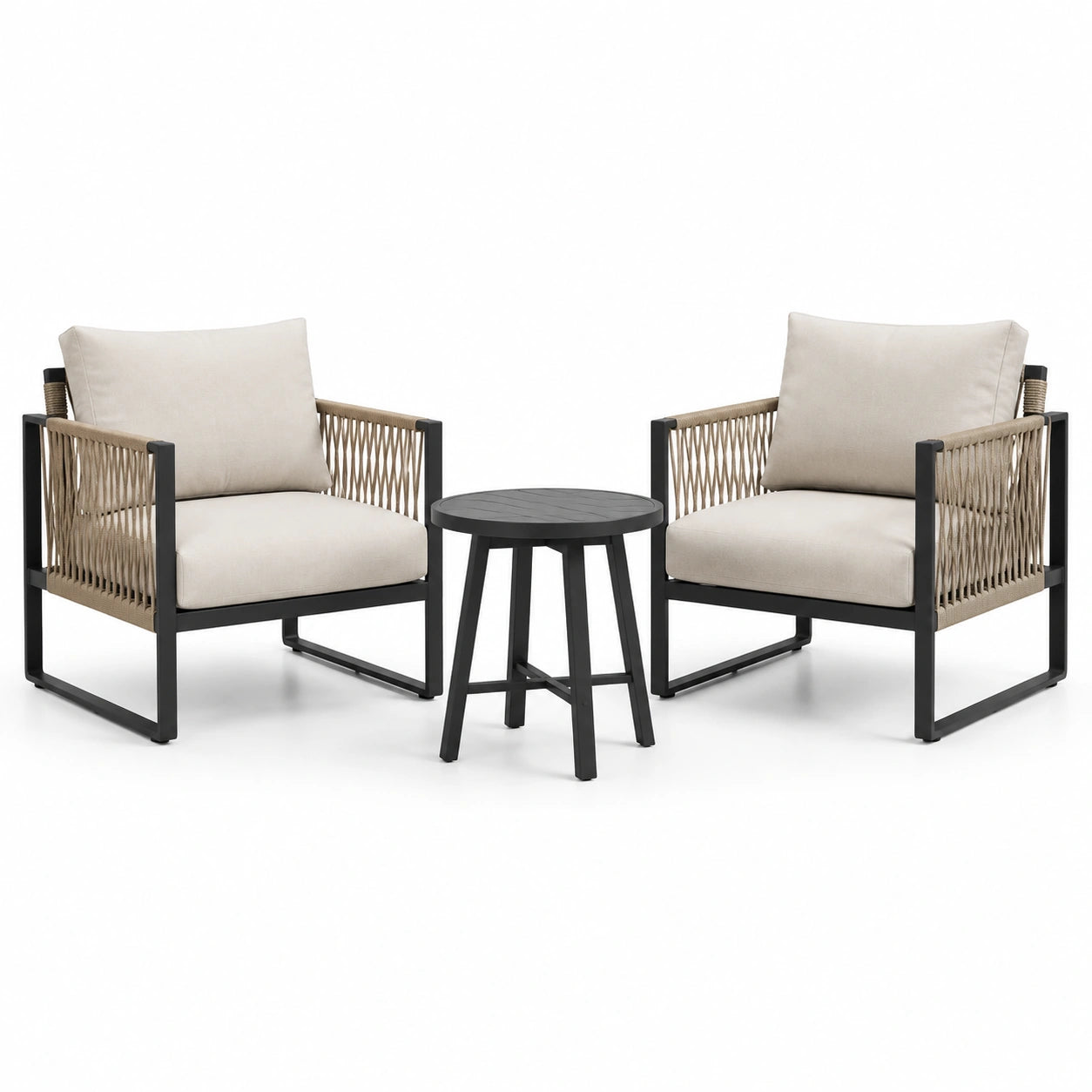 Ensemble de jardin 3 pièces beige, noir et taupe avec 2 fauteuils 72 × 75 × 78 cm et table ronde Ø 50 × 50 cm