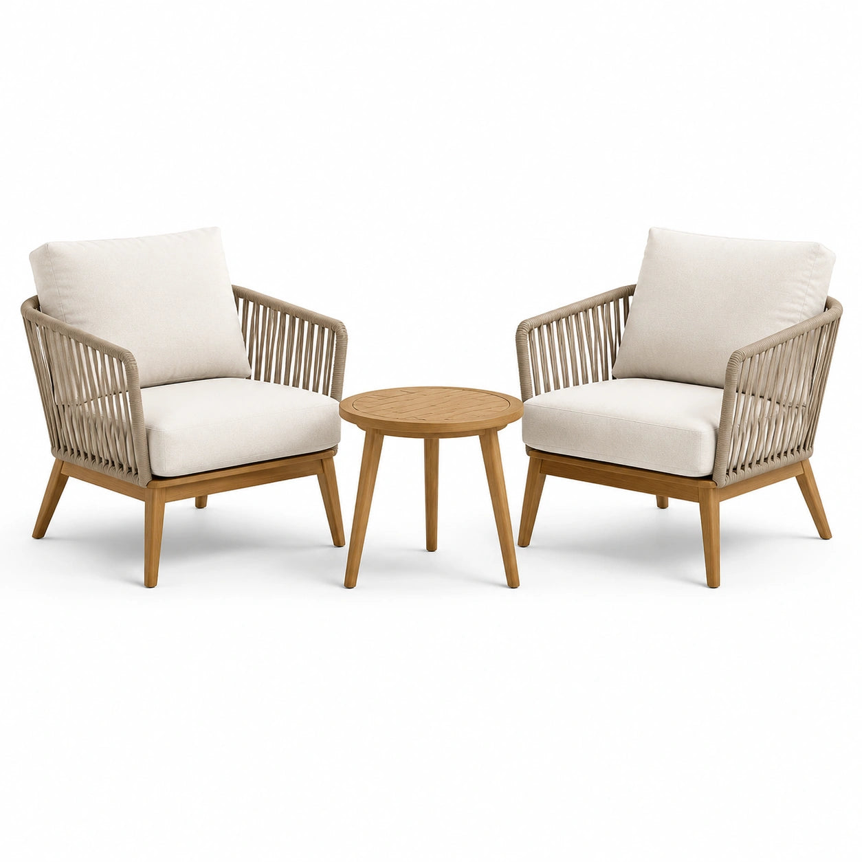 Ensemble 3 pièces avec 2 fauteuils de 76 × 75 × 80 cm et table ronde Ø 60 × 45 cm, beige, blanc cassé et bois naturel